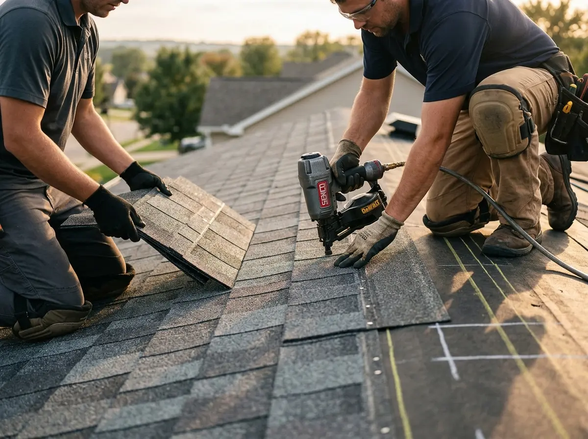 Professional roofer working on a residential roof in Oradell